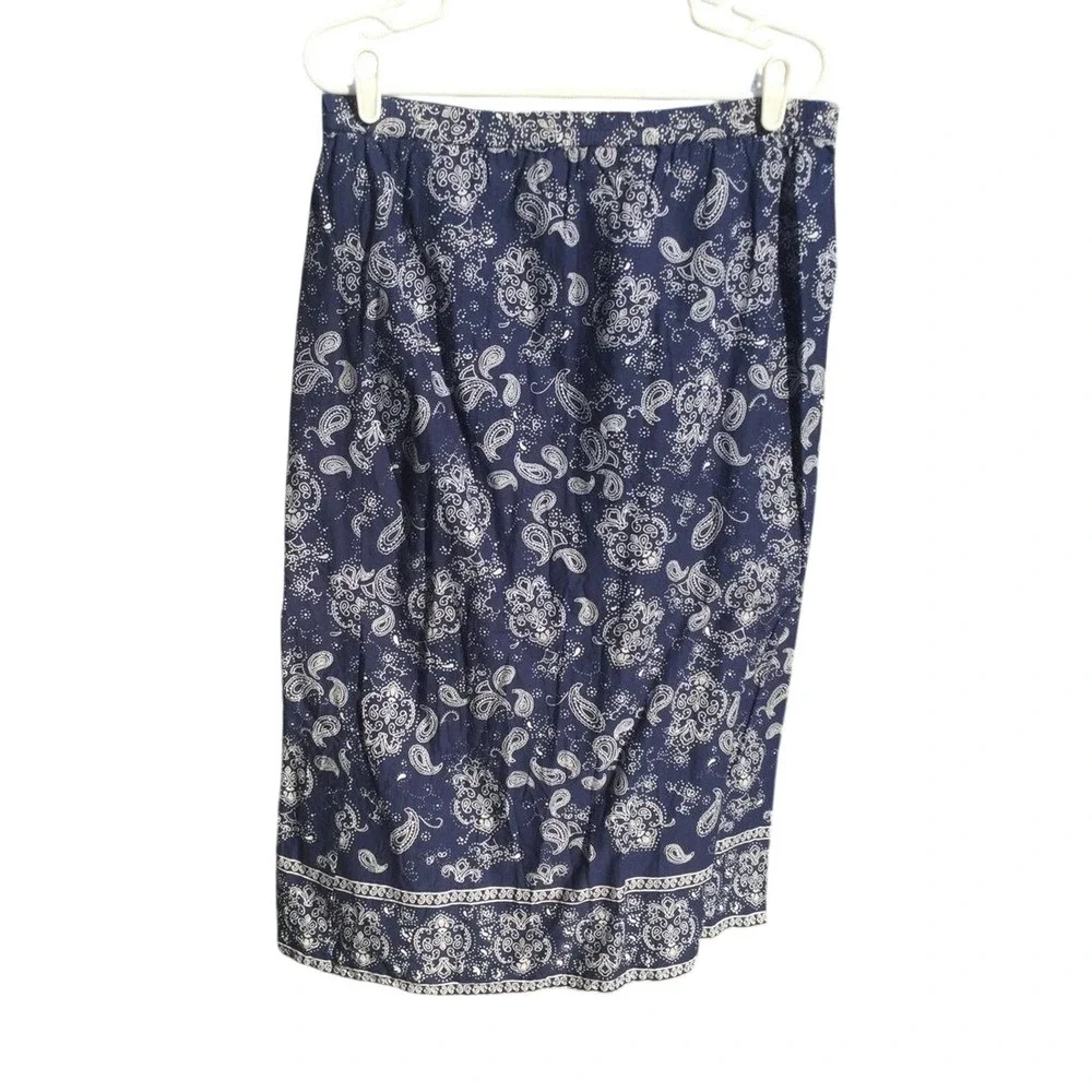Womens‎ Cotton Pull On Midi Skirt Navy Blue Paisley Western Americana Summer S